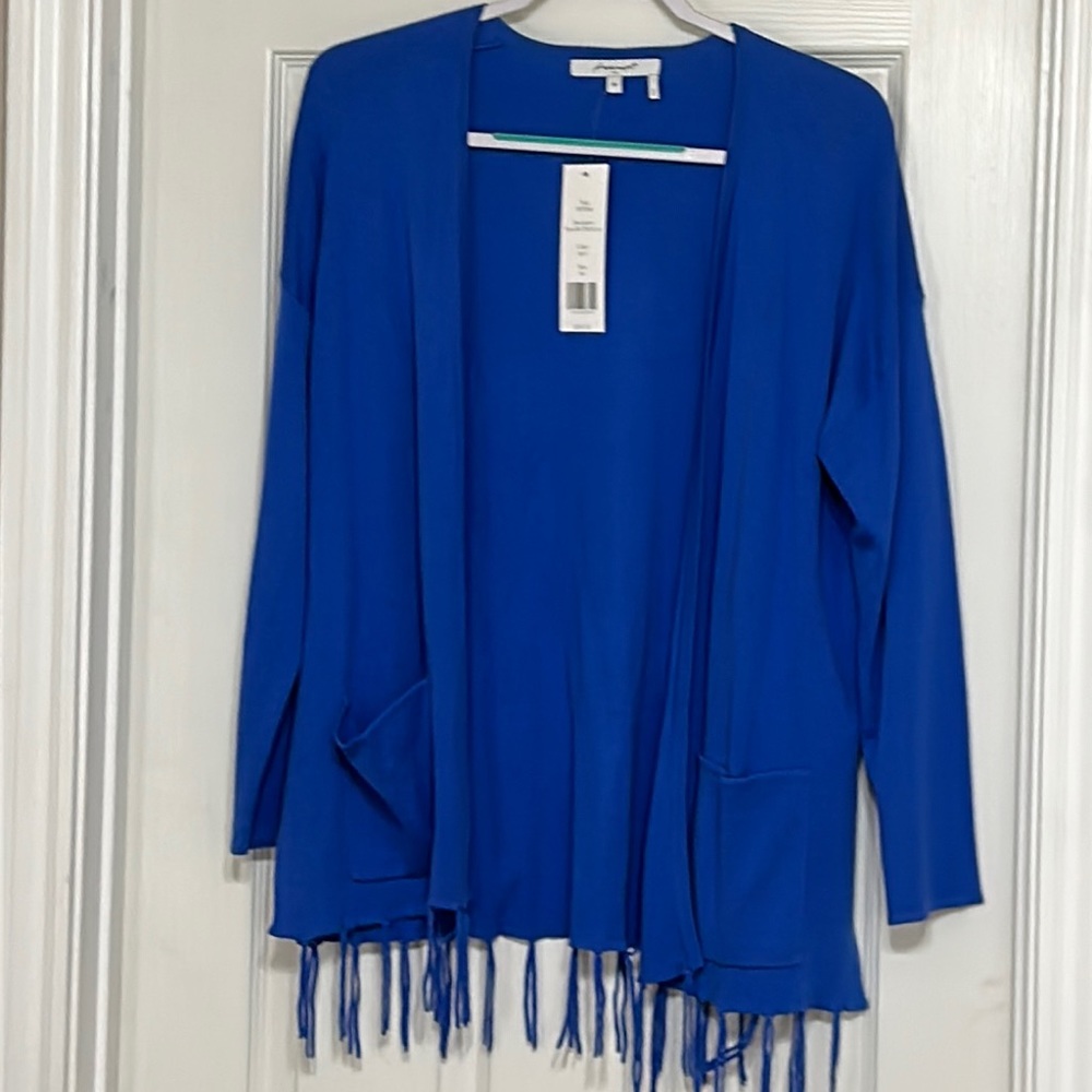 Foxcroft Cornflower Blue Open Front Cardigan with Fringe Hem  M